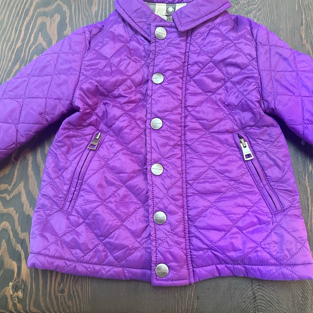 Purple Infant Burberry Jacket- missing snap on hood!